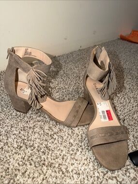 Fringe Ankle-Strap Block Heel Sandals - Taupe women’s 8.5